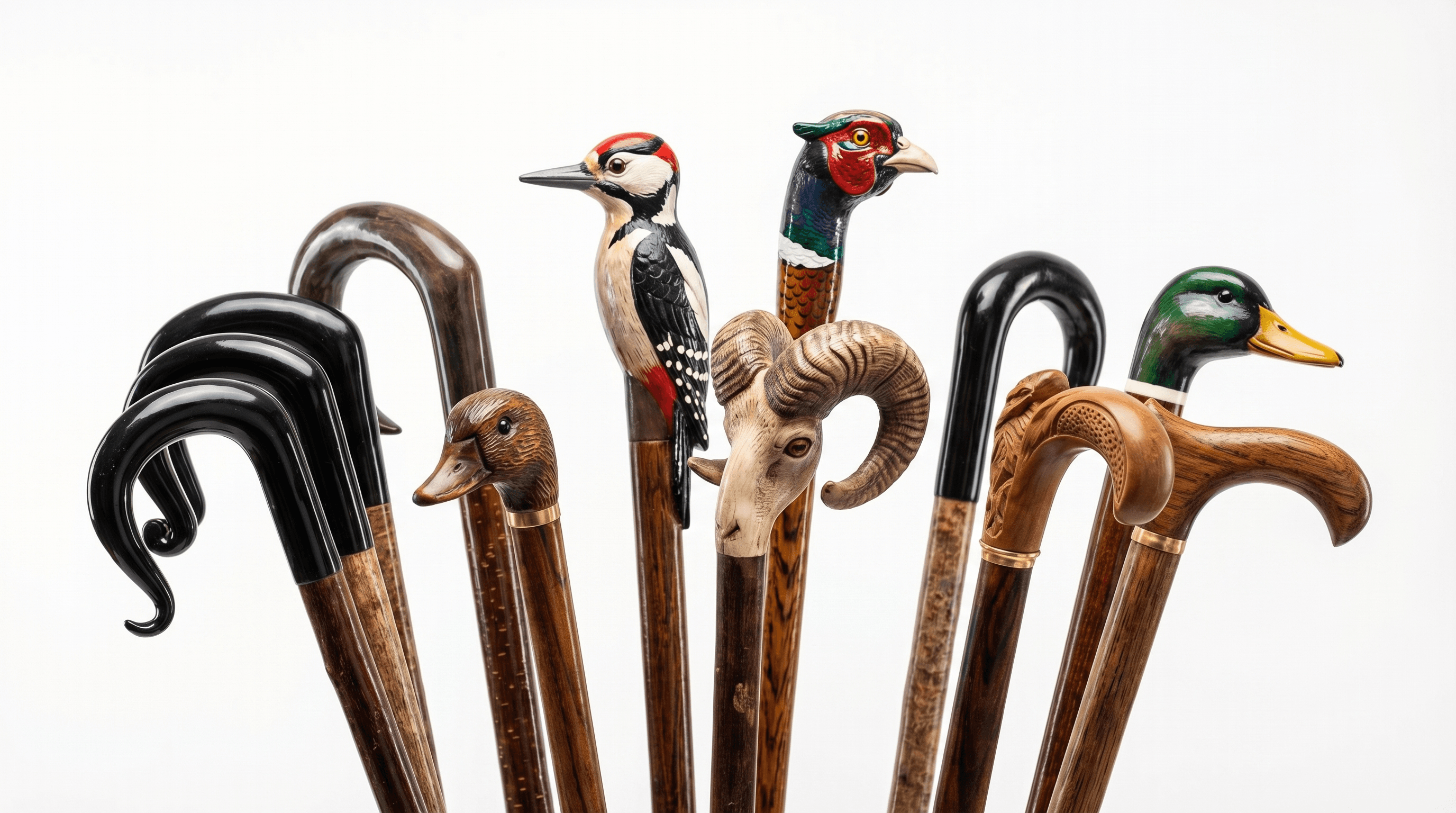 A row of dressed walking sticks arranged for display